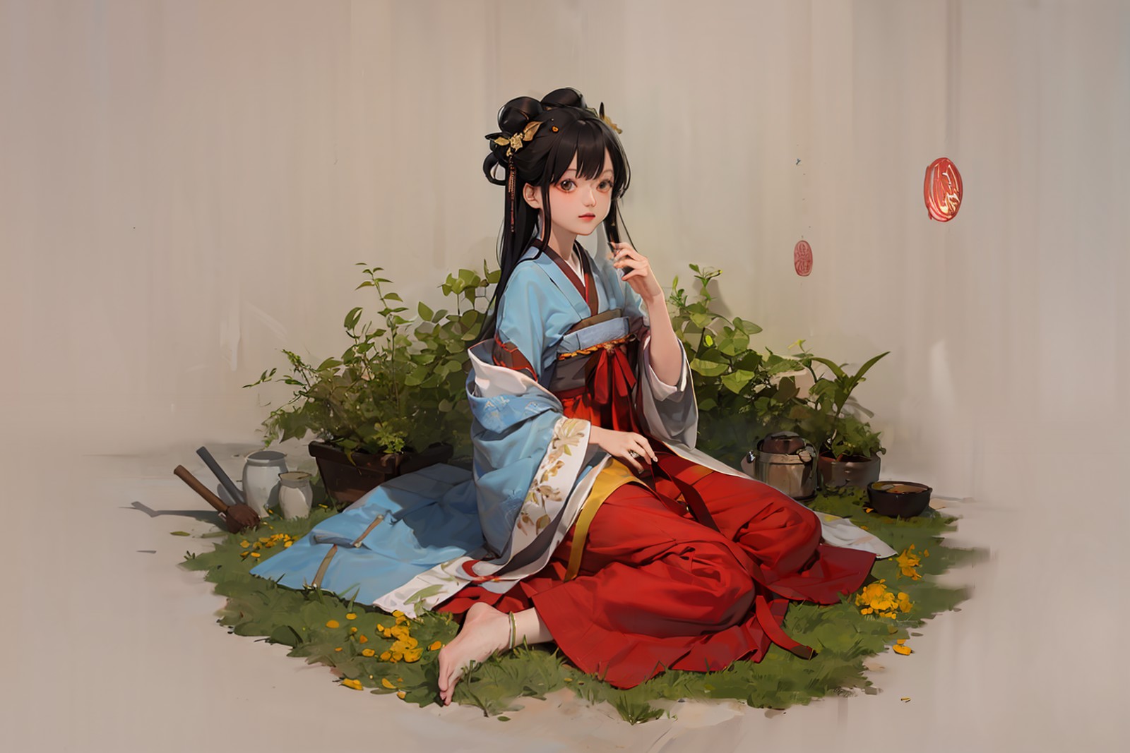 masterpiece, best quality, <lora:hanfu:1>,hanfukozue, 1girl, black hair, bug, butterfly, barefoot, solo, hair ornament, si...